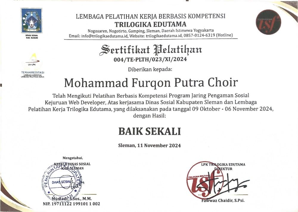 Sertifikat Pelatihan Berbasis Kompetensi Web Developer