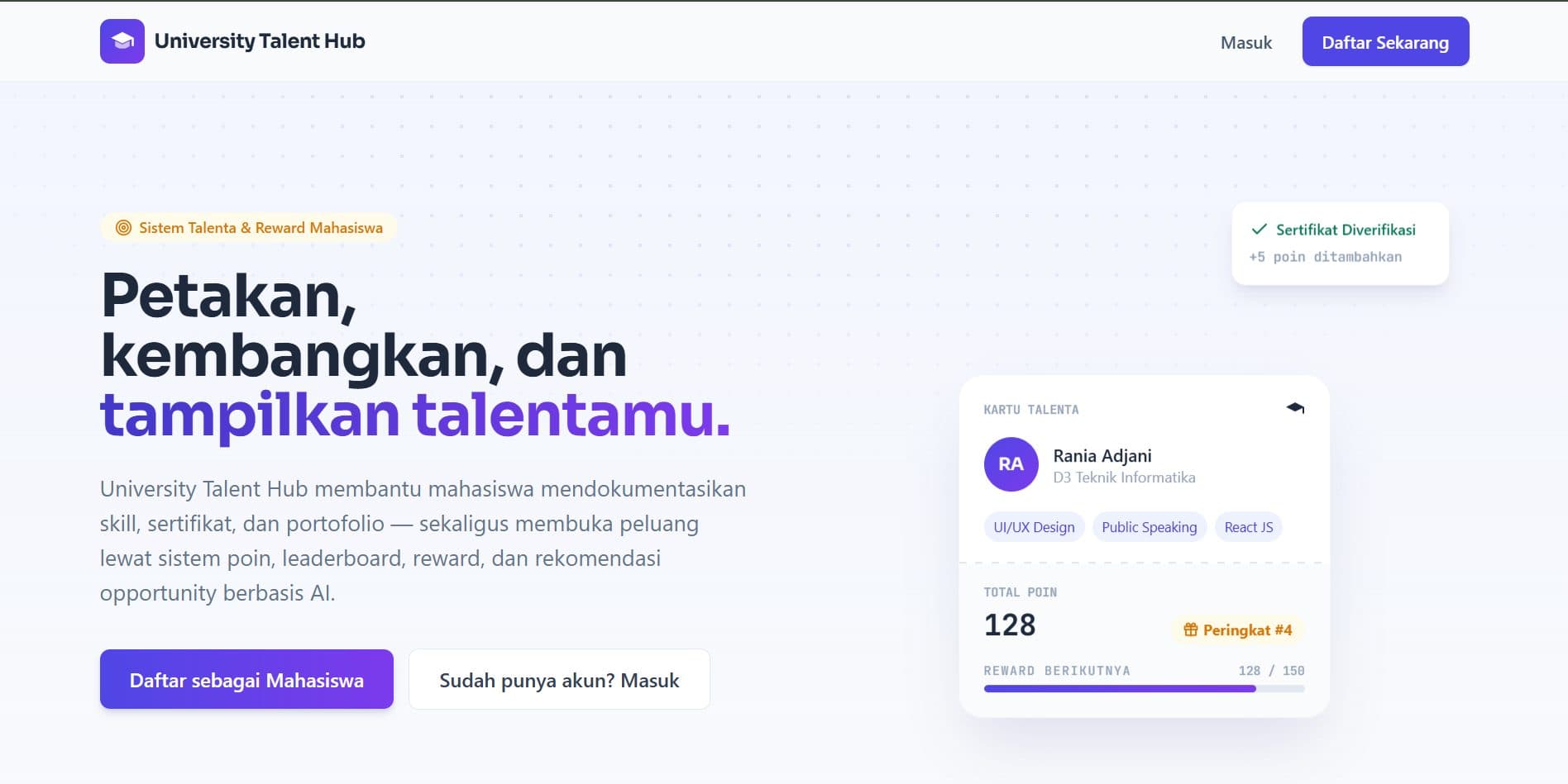 Tangkapan layar landing page University Talent Hub